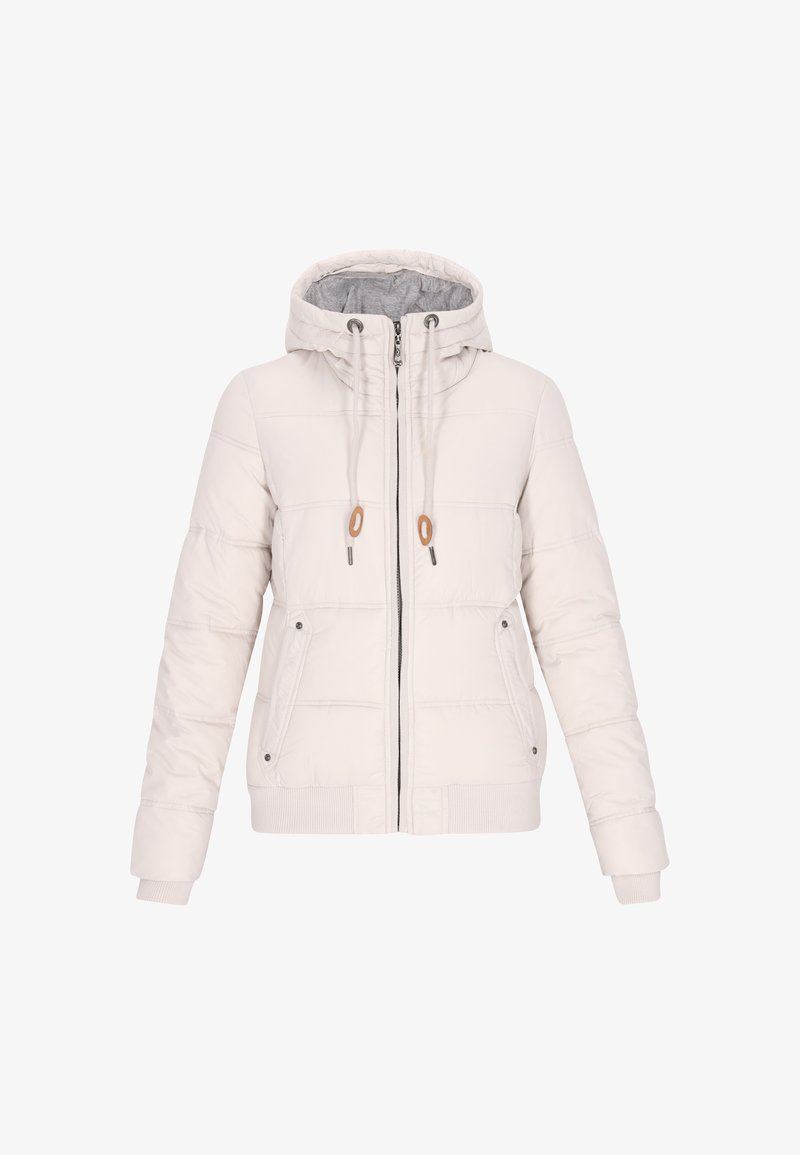 Padded jacket w jasnym beżu z kapturem, zamkiem błyskawicznym z przodu i ściągaczem. Posiada boczne kieszenie i ściągacze przy mankietach dla lepszego dopasowania.