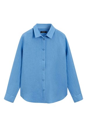 Modrá světle modrá košile na knoflíky s dlouhým rukávem, klasickým límečkem, rovnýlem lemem a jednoduchými detaily na manžetách.