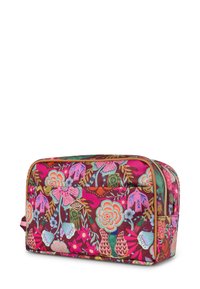 Toilettas met een bloemmotief in levendige kleuren, met ingewikkelde ontwerpen, een ritsluiting en een rechthoekige vorm van stevig materiaal.