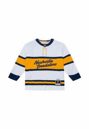 White Nashville Predators hockey jersey with yellow and navy stripes, navy collar, and text "Nashville Predators" across the chest.