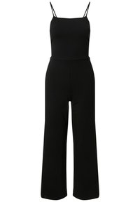 Combinaison noire sans manches avec fines bretelles, corsage ajusté et pantalons à jambes larges.