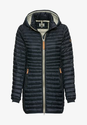 Polstret sort jakke med hætte, har en beige foring, lynlåslukning foran og brune accenter på lommerne. Tekstureret quiltet design.