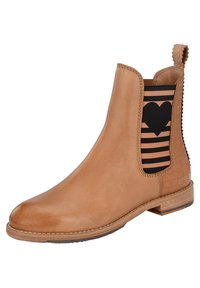 Tan leather ankle boot with elastic side panels featuring black and pink striped pattern with heart design. Textured croc-embossed heel.