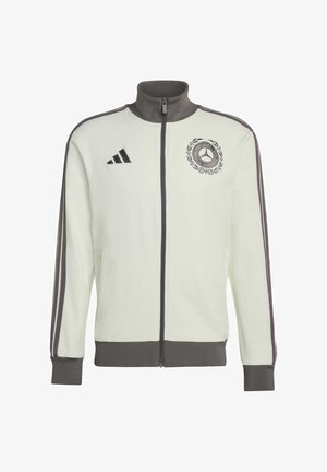 Jasnoszara kurtka na zamek z ciemnoszarym kołnierzem i mankietami. Posiada trzy paski na rękawach, logo na piersi oraz gładką teksturę materiału.