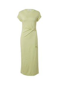 Hellgrünes, knielanges Kleid mit Rundhalsausschnitt, kurzen Ärmeln und einem gedrehten Frontdetail. Hergestellt aus weichem Jersey-Stoff.