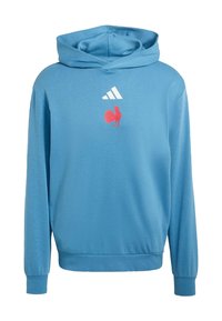 Felpa con cappuccio blu con tasca a marsupio frontale, cappuccio con coulisse e logo con gallo rosso. Realizzata in tessuto morbido con polsini e orlo a costine.