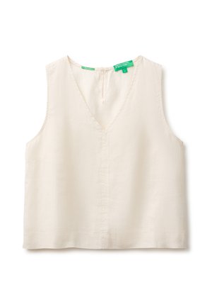 Blouse sans manches couleur crème avec col en V et fermeture par boutons dans le dos, réalisée en tissu léger, présentée sur fond blanc.