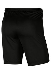 Svarta träningsshorts med elastisk midja, slät tyg och enkel design, visade bakifrån.