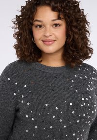 Grijze gebreide trui met een geribbelde textuur, versierd met verspreide metalen pailletten in zilver en zwart. Ronde halslijn en lange mouwen.