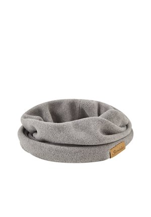 Grey soft fabric neck warmer with a small brown label on the edge, folded to form a circular shape on a white background.
