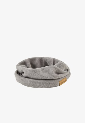 Grey soft fabric neck warmer with a small brown label on the edge, folded to form a circular shape on a white background.