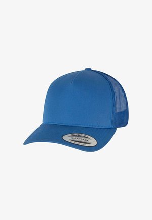 Blue snapback cap with a solid front panel, textured visor, and mesh back. Features a circular logo patch on the front.