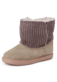 Gli stivali morbidi presentano una base in suede beige con una parte superiore a coste in mauve, una fodera morbida e una suola in gomma per una buona aderenza.