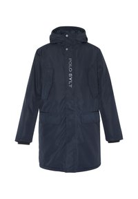 Navy blue parka coat with a hood, featuring a front zipper, snap buttons, and two side pockets. Text "POLO SYLT" vertically on front.