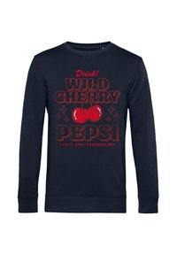 Felpa a maniche lunghe blu navy con stampa grafica rossa contenente testo e due ciliegie, scollo rotondo e polsini a costine.