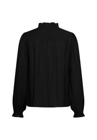 Mustapaita pitkillä hihoilla, joissa on korkea kaulus, kerätty selkäosa ja tiukat hihansuut. Valtteja kangasta, jossa on hienovarainen kiilto.