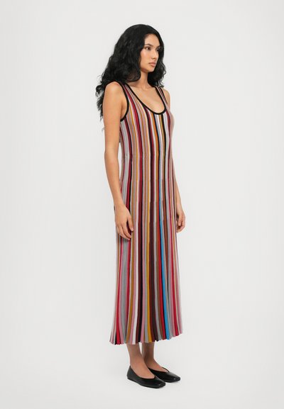 Sleeveless maxi dress with vertical multicolored stripes, featuring a fitted bodice and flowy skirt. Fabric appears soft with a smooth texture.
