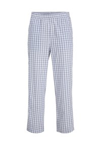 Baltas pledētas bikses ar tumši zilām līnijām, ar elastīgu jostasvietu, taisni griezuma kājām un vieglu audumu, kas piemērots ikdienas valkāšanai.