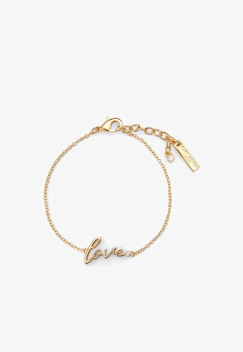Bracciale placcato in oro con la parola "amore" in un design corsivo, arricchito da un piccolo cristallo e una chiusura a moschettone sicura.