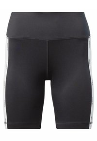 Czarne krótkie spodenki sportowe wykonane z elastycznego materiału, z białymi bocznymi panelami z logo, średnio uniesionym pasem i szwami typu flatlock.