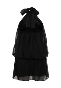 Μαύρο διάφανο φόρεμα με halter neck, πολυεπίπεδη φούστα και δέσιμο στο λαιμό, με ελαφρύ ροή ύφασμα.