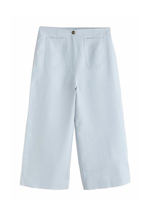 Jasnoniebieskie szerokie spodnie o długości do połowy łydki z przednimi kieszeniami naszywanymi i pojedynczym zapięciem na guzik w talii.
