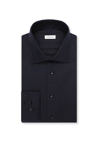 Chemise noire pliée avec un col pointu, des boutons noirs et une étiquette visible à l'intérieur du col indiquant "seidensticker."