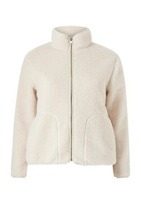 Fleecejakke i lys beige med lynlås foran, høj krave og sidelommer. Tekstureret stof med en blød, plysset finish.