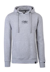 Lichtgrijze hoodie van een zachte katoenmix. Voorzien van een voorzak, een capuchon met trekkoord, ribgebreide manchetten en een geborduurd logo op de borst.