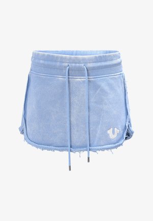 Mini-jupe en denim bleu clair avec bords effilochés, taille côtelée, cordons à l'avant et petit logo blanc brodé sur le côté droit avant.