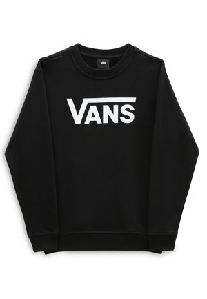 Sort crewneck-sweatshirt med hvidt "VANS"-logo centreret på forsiden, med lange ærmer og ribstrikkede manchetter og kant.