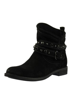 Bottine noire en suède avec deux brides cloutées et un petit talon, avec un bout arrondi et un passant à l'arrière.