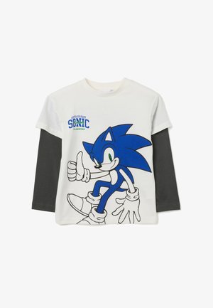 Langarm-Lagenhemd in Schwarz und Weiß mit Sonic the Hedgehog, der einen Daumen nach oben zeigt, und dem Text "Gotta Go Fast Sonic."