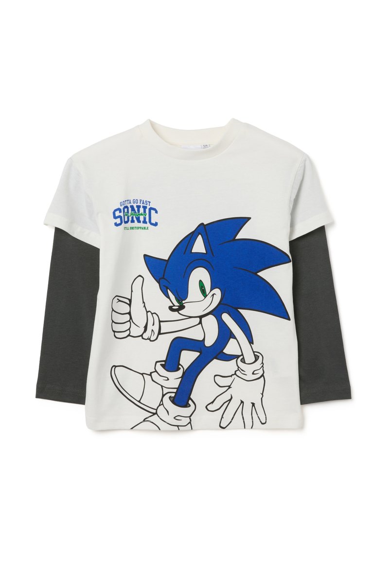Camisa de manga larga en blanco y negro con capas que presenta a Sonic el Erizo haciendo un gesto de pulgar hacia arriba y el texto "Tengo que ir rápido Sonic".
