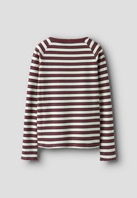 Pikkade varrukatega särk, millel on horisontaalsed marooni ja kreemivärvilised triibud, sooniline tekstuur, ümara kaelusega ja voltidega varrukate ääred.