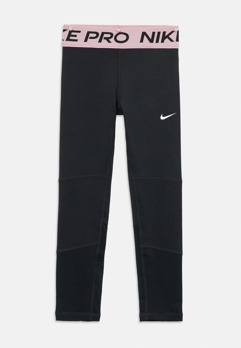 Leggings Nike Pro noirs avec une ceinture rose affichant le texte "NIKE PRO" et un logo Nike Swoosh blanc sur la cuisse gauche.