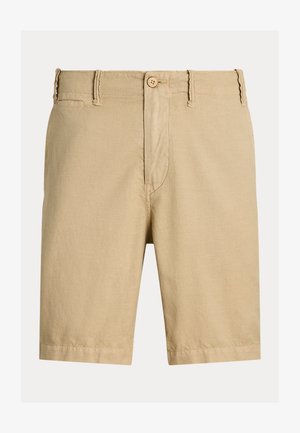Pantaloncini beige in tessuto leggero, con fronte piatto, chiusura con bottone e superficie leggermente strutturata, con orli rifiniti.