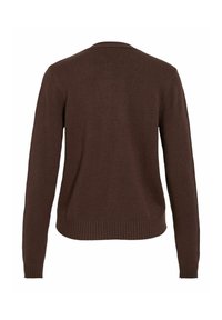 Bruin gebreid sweater met een ronde halslijn, lange mouwen en geribbelde randen. Glad textuur, eenvoudig ontwerp en geen zichtbare sluitingen.