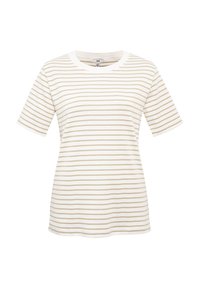 Gestreiftes kurzärmeliges T-Shirt aus cremefarbener und beiger Baumwolle, mit Rundhalsausschnitt und lässiger Passform. Dezente horizontale Streifen überall.