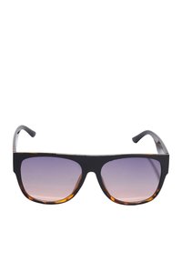 Occhiali da sole oversize neri con lenti a gradiente viola e dettagli tartarugati sulle aste. Finitura liscia e lucida. Forma quadrata.