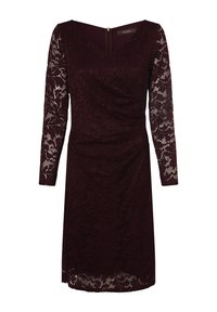 Burgunderröd spetsklänning med lång ärm, V-ringning och rynkdetaljer. Har en dragkedja bak och blommig spetstextur.