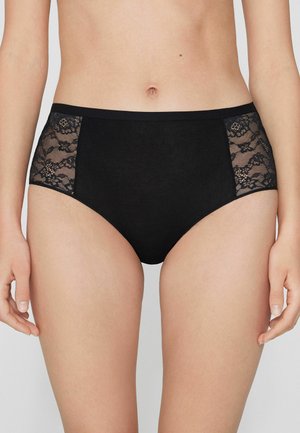 Biancheria intima nera a vita alta con tessuto morbido e pannelli in pizzo sui lati. Finitura liscia e cintura elastica per il massimo comfort.