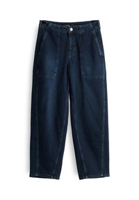 Pantaloni in denim blu scuro con una vestibilità relaxed, dotati di due grandi tasche frontali, una chiusura con bottone singolo e un design a gamba dritta.