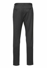 Mörkgrå byxor med rak bendesign, med en slät textur och två bakfickor med knappar. Inga synliga mönster eller detaljer.