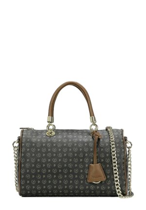 Borsa a tracolla grigia scura con motivo ripetuto del logo. Presenta un manico in pelle marrone, hardware in argento e una tracolla a catena regolabile.