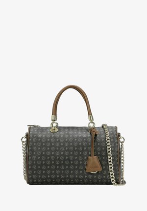 Borsa a tracolla grigia scura con motivo ripetuto del logo. Presenta un manico in pelle marrone, hardware in argento e una tracolla a catena regolabile.