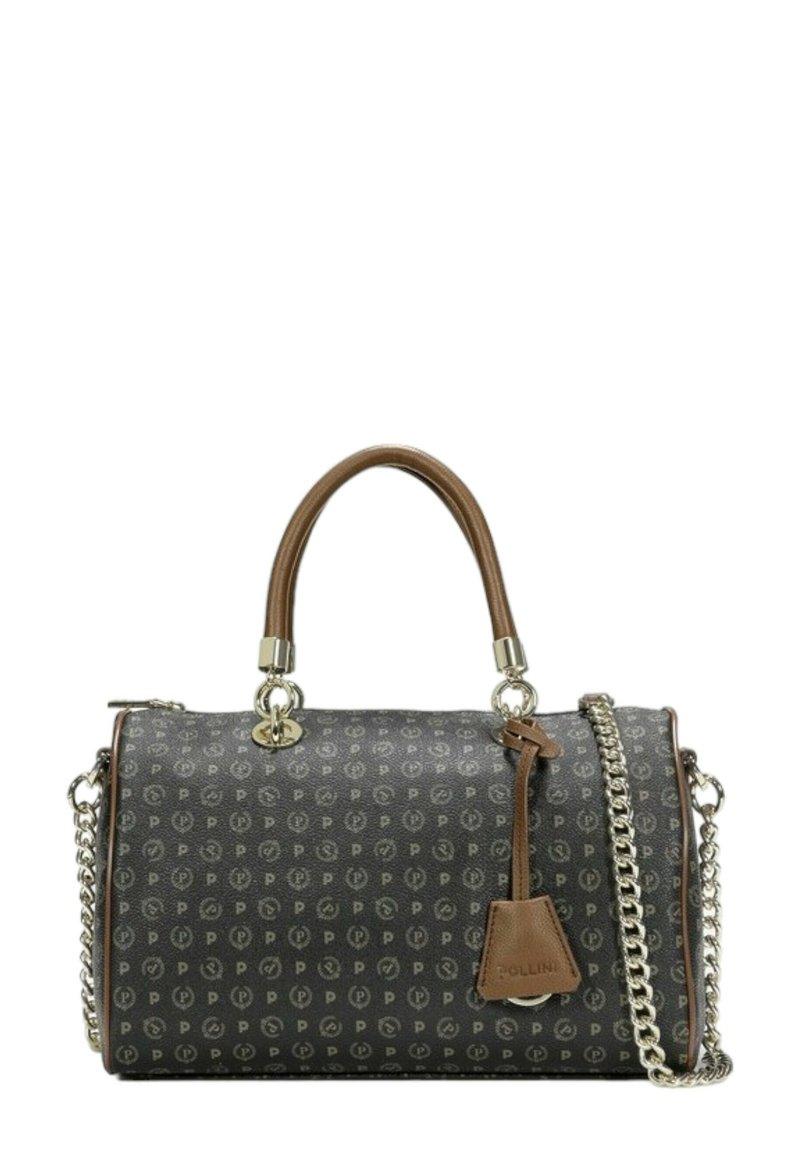 Borsa a tracolla grigia scura con motivo ripetuto del logo. Presenta un manico in pelle marrone, hardware in argento e una tracolla a catena regolabile.