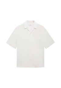 Korte mouwen, knoopsluiting overhemd in licht crème met textuurstof, een enkele borstzak en een geknipte kraag.
