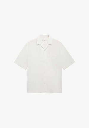 Short-sleeve, button-up shirt in light cream with textured fabric, a single chest pocket, and a notched collar.