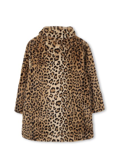 Leopard print faux fur coat with a collar, long sleeves, and a loose fit. Features a tan background with black spots. Soft texture.